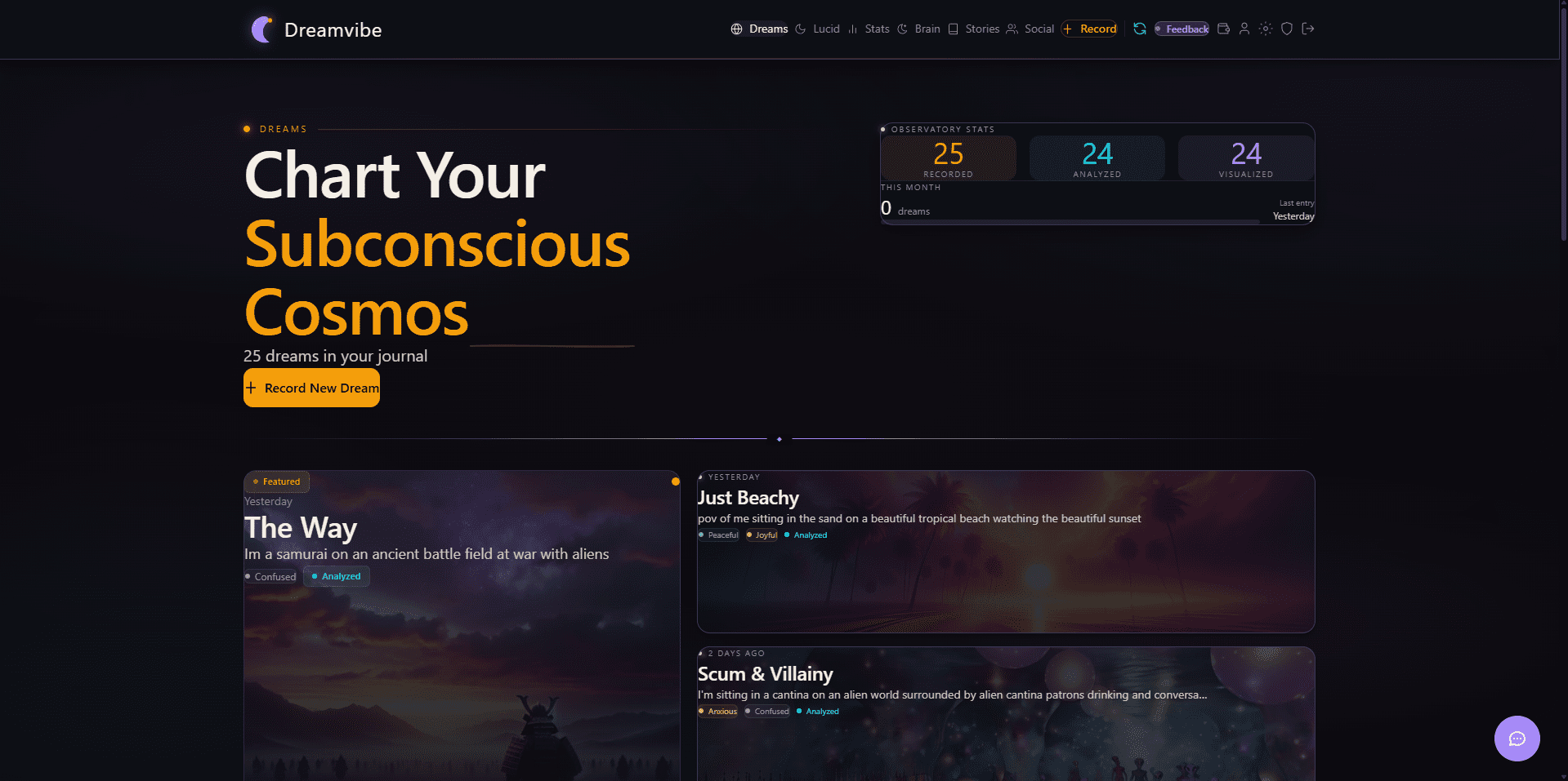 Dreamvibe AI dream journal landing page with aurora gradients